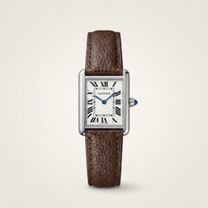 Silver rectangular dress watch with white dial, black Roman numerals, blued-steel hands, and brown leather strap.