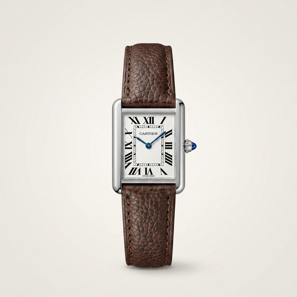 Silver rectangular dress watch with white dial, black Roman numerals, blued-steel hands, and brown leather strap.