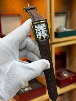 Silver Rectangular Dress Watch – White Roman Dial & Brown Leather Strap Hover Image