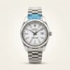 Silver classic style watch with clean white dial, silver baton markers, smooth bezel, and jubilee bracelet.