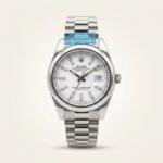 Silver classic style watch with clean white dial, silver baton markers, smooth bezel, and jubilee bracelet.