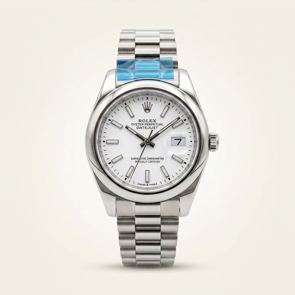 Silver classic style watch with clean white dial, silver baton markers, smooth bezel, and jubilee bracelet.