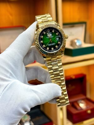 Two-Tone Luxury Watch – Green Sunburst Dial, Crystal Markers & Fluted Bezel Hover Image