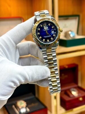 Two-Tone Luxury Watch – Blue Sunburst Dial, Crystal Markers & Fluted Bezel Hover Image