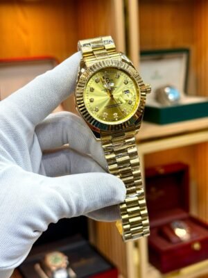 Gold Luxury Watch – Champagne Dial, Crystal Markers & Fluted Bezel Hover Image