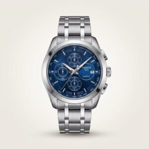 Silver chronograph watch with blue dial and steel bracelet.