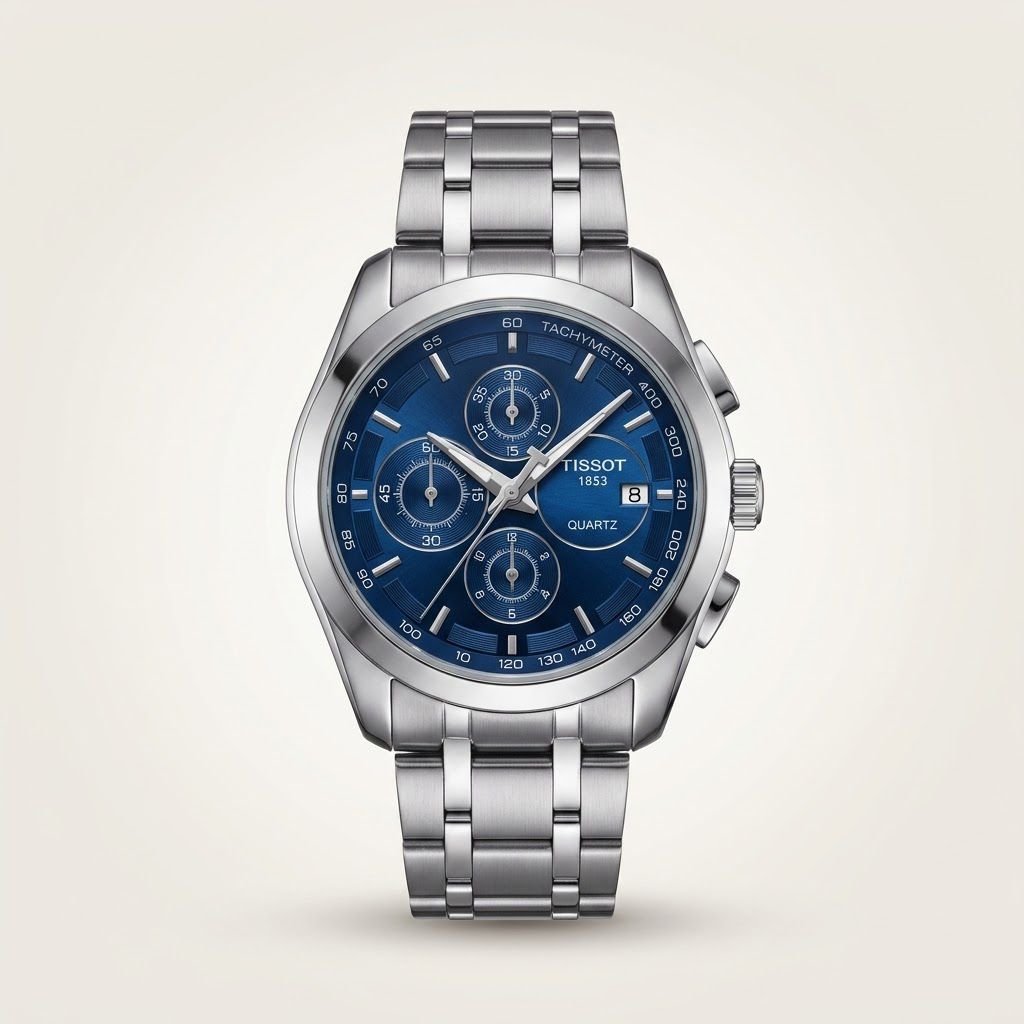 Silver chronograph watch with blue dial and steel bracelet.