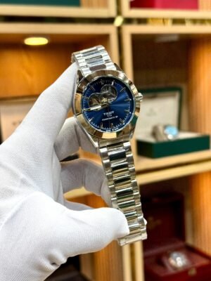 Silver Gentleman Style Watch – Blue Open Heart Dial & Steel Bracelet Hover Image