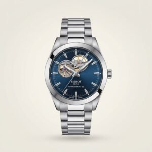 Silver Gentleman style watch with blue sunburst dial, open heart cutout, and stainless steel bracelet.