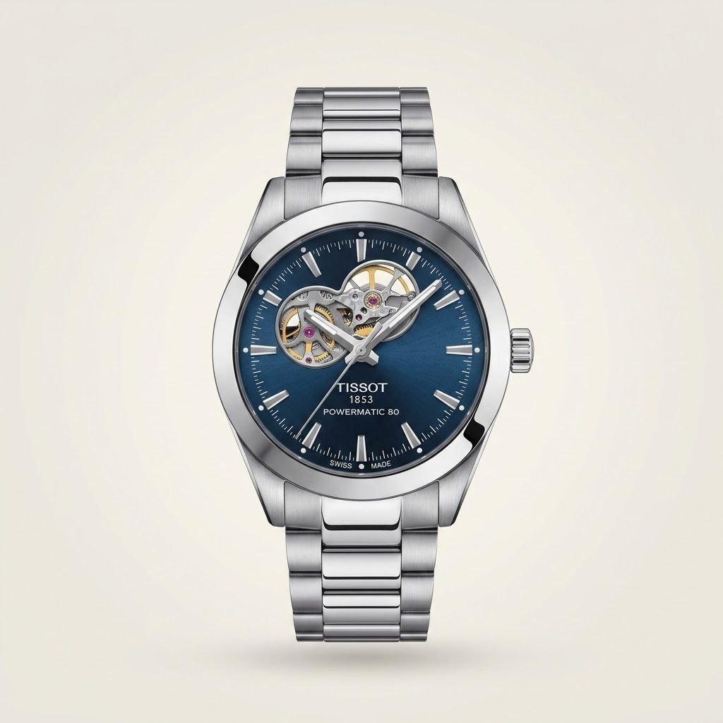 Silver Gentleman style watch with blue sunburst dial, open heart cutout, and stainless steel bracelet.