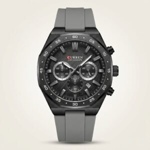CURREN 8489 chronograph watch with black textured dial, silver markers, and grey silicone strap.
