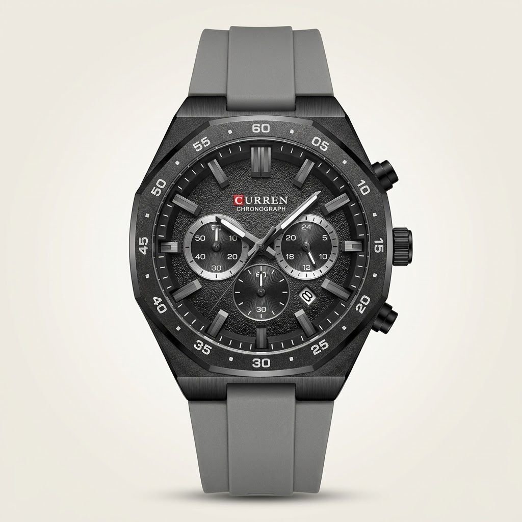 CURREN 8489 chronograph watch with black textured dial, silver markers, and grey silicone strap.