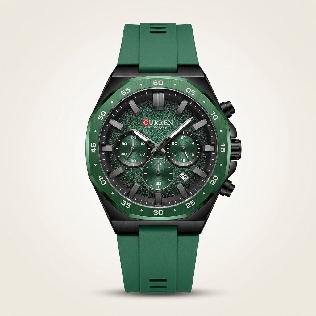 CURREN 8489 chronograph watch with green dial, luminous markers, and green silicone strap.