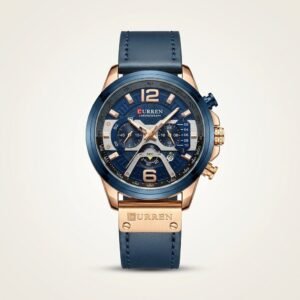 CURREN 8329 chronograph watch with blue dial, rose gold case, and blue leather strap.