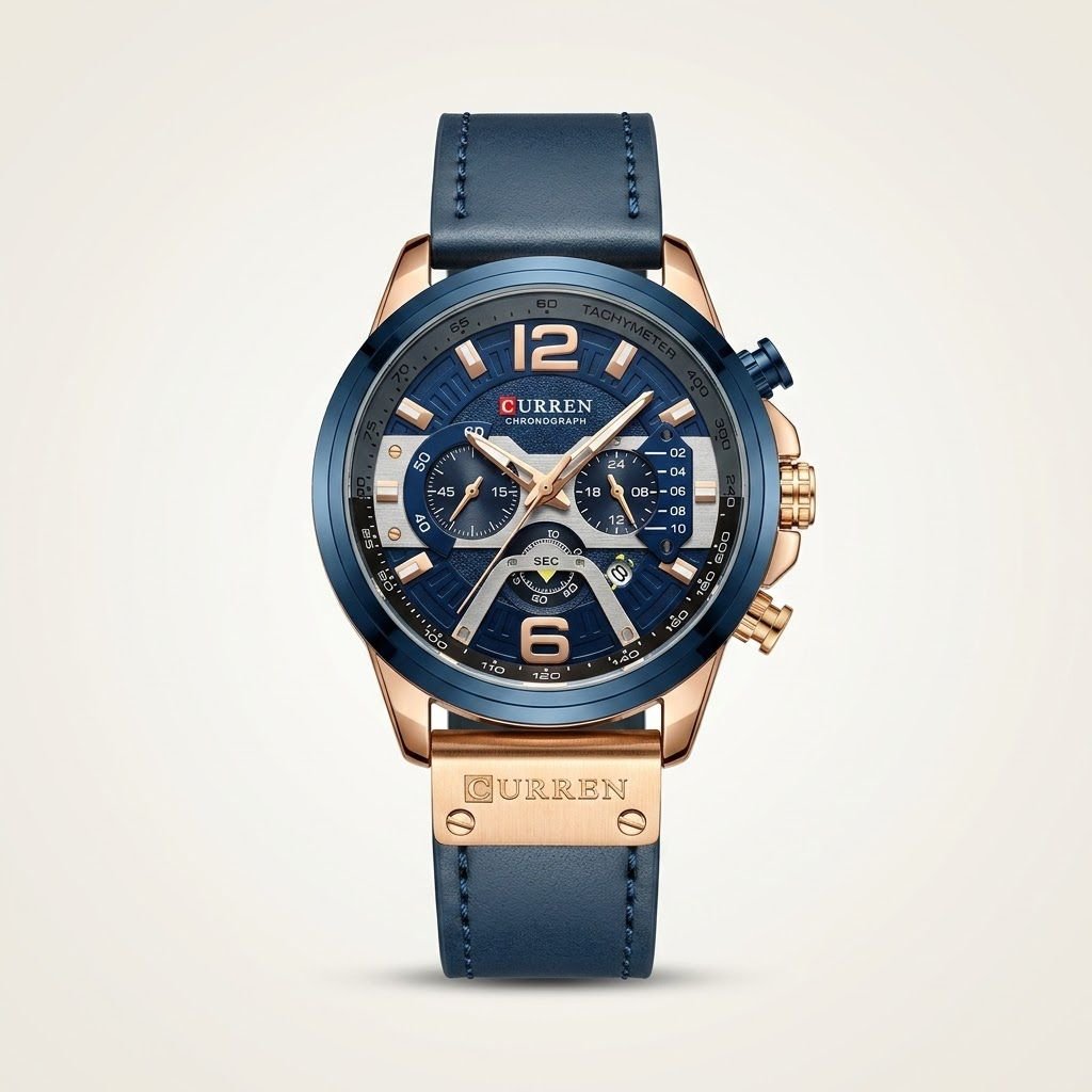 CURREN 8329 chronograph watch with blue dial, rose gold case, and blue leather strap.