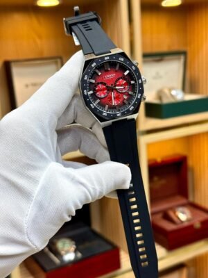 CURREN 8489 Chronograph Watch – Red Dial & Black Silicone Strap Hover Image