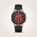 CURREN 8489 chronograph watch with a red dial, black case, and black silicone strap.