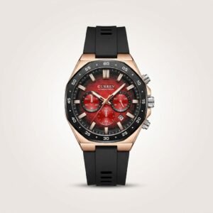 CURREN 8489 Chronograph Watch – Red Dial & Black Silicone Strap