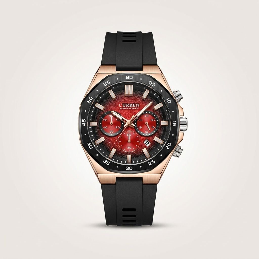 CURREN 8489 chronograph watch with a red dial, black case, and black silicone strap.