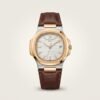 Patex classic watch with silver dial, brown leather strap, and date window.