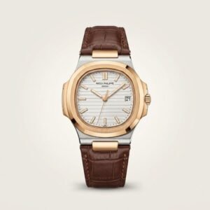 Patex classic watch with silver dial, brown leather strap, and date window.
