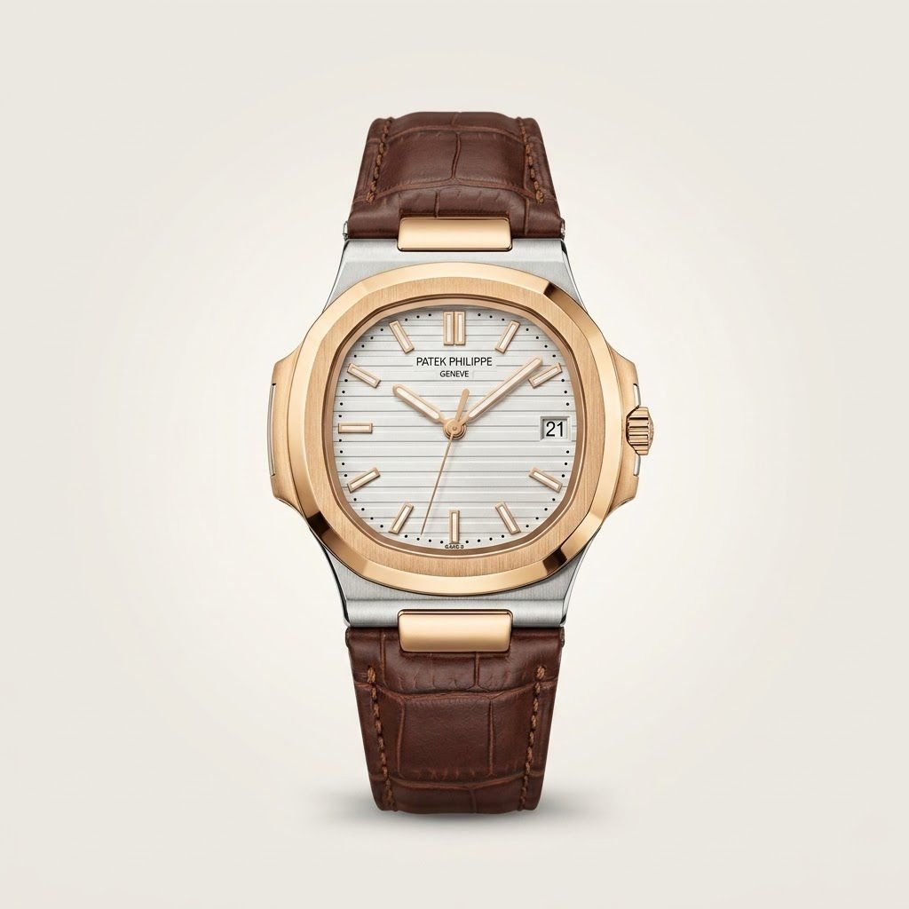 Patex classic watch with silver dial, brown leather strap, and date window.