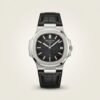Patex classic watch with black dial, silver indices, and black leather strap.