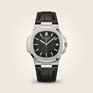 Patex classic watch with black dial, silver indices, and black leather strap.