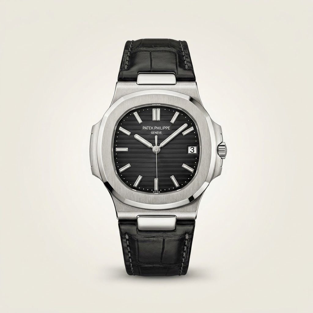 Patex classic watch with black dial, silver indices, and black leather strap.