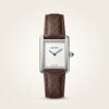 Silver rectangular dress watch with clean white dial, blue hands, and black leather strap.