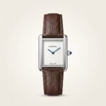 Silver rectangular dress watch with clean white dial, blue hands, and black leather strap.