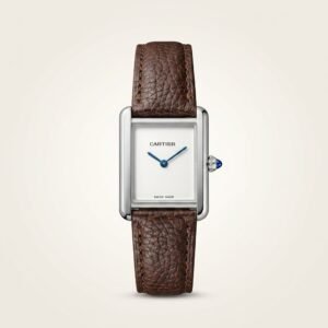 Silver rectangular dress watch with clean white dial, blue hands, and black leather strap.