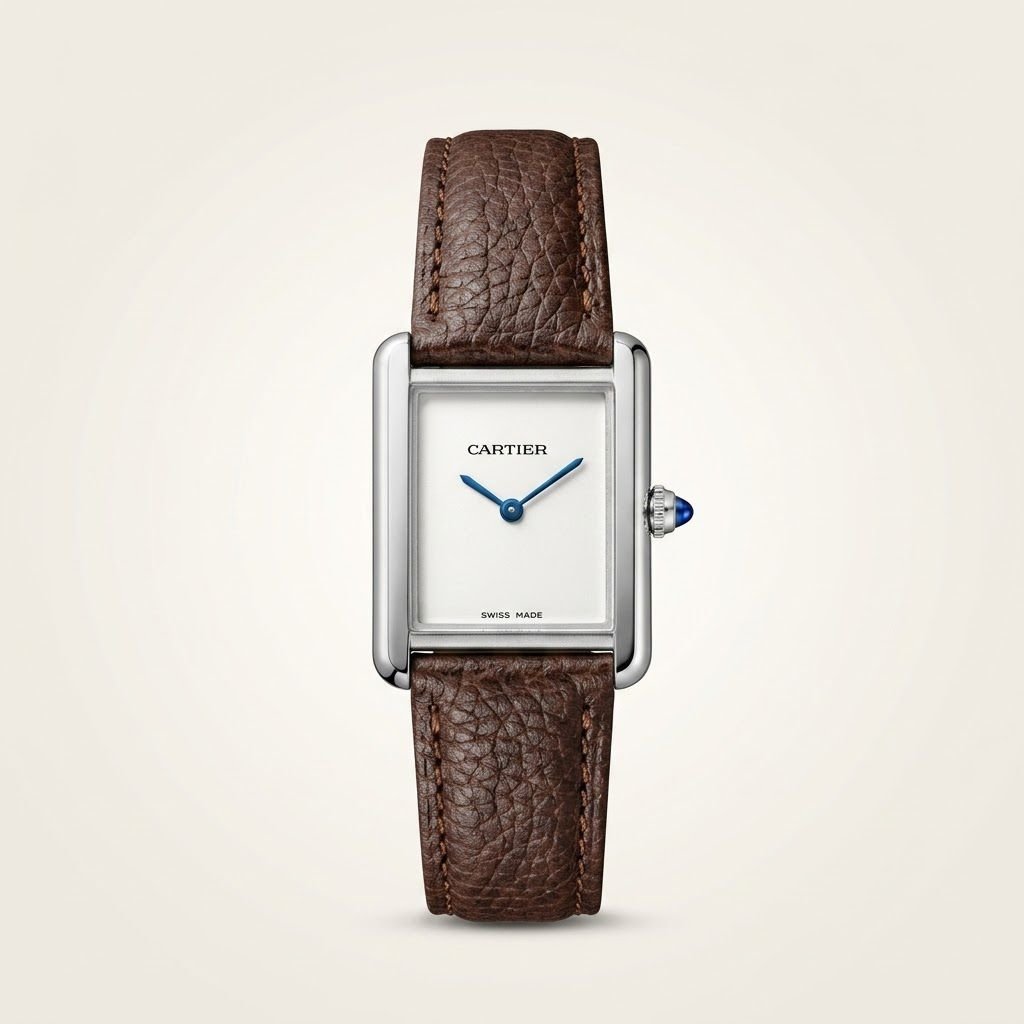Silver rectangular dress watch with clean white dial, blue hands, and black leather strap.