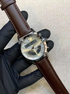 Bestwin Ana-Digi Dual Time Watch – Silver Dial & Brown Leather Strap Hover Image