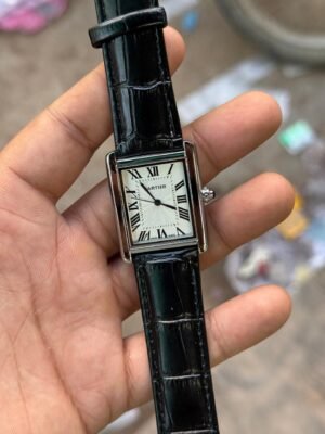 Silver Rectangular Dress Watch – White Roman Dial & Black Leather Strap Hover Image