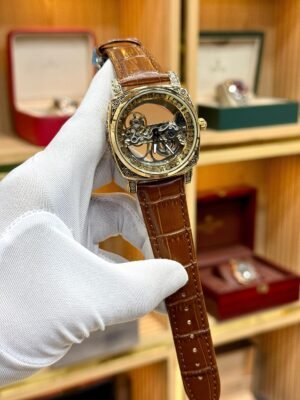 ROVITE Automatic Skeleton Watch – Carved Gold Case & Brown Leather Strap Hover Image