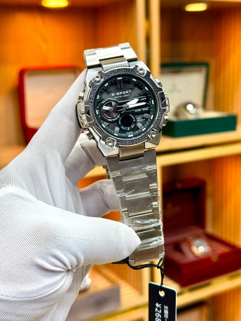 S-SPORT men's dual display watch with black dial, stainless steel case, and bracelet.