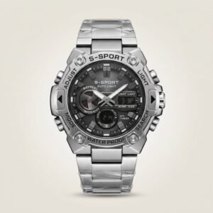 S-SPORT men's dual display watch with black dial, stainless steel case, and bracelet.