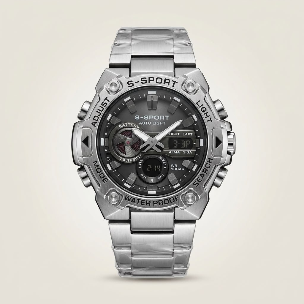 S-SPORT men's dual display watch with black dial, stainless steel case, and bracelet.