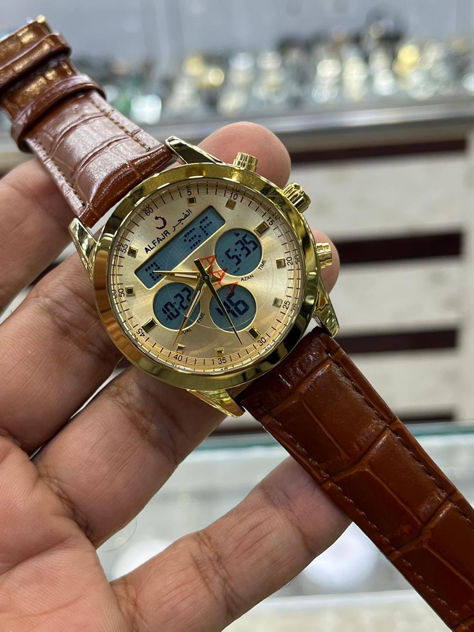 Al Fajr WB-20 Classic Watch – Gold Dial, Prayer Times & Brown Leather Strap Hover Image