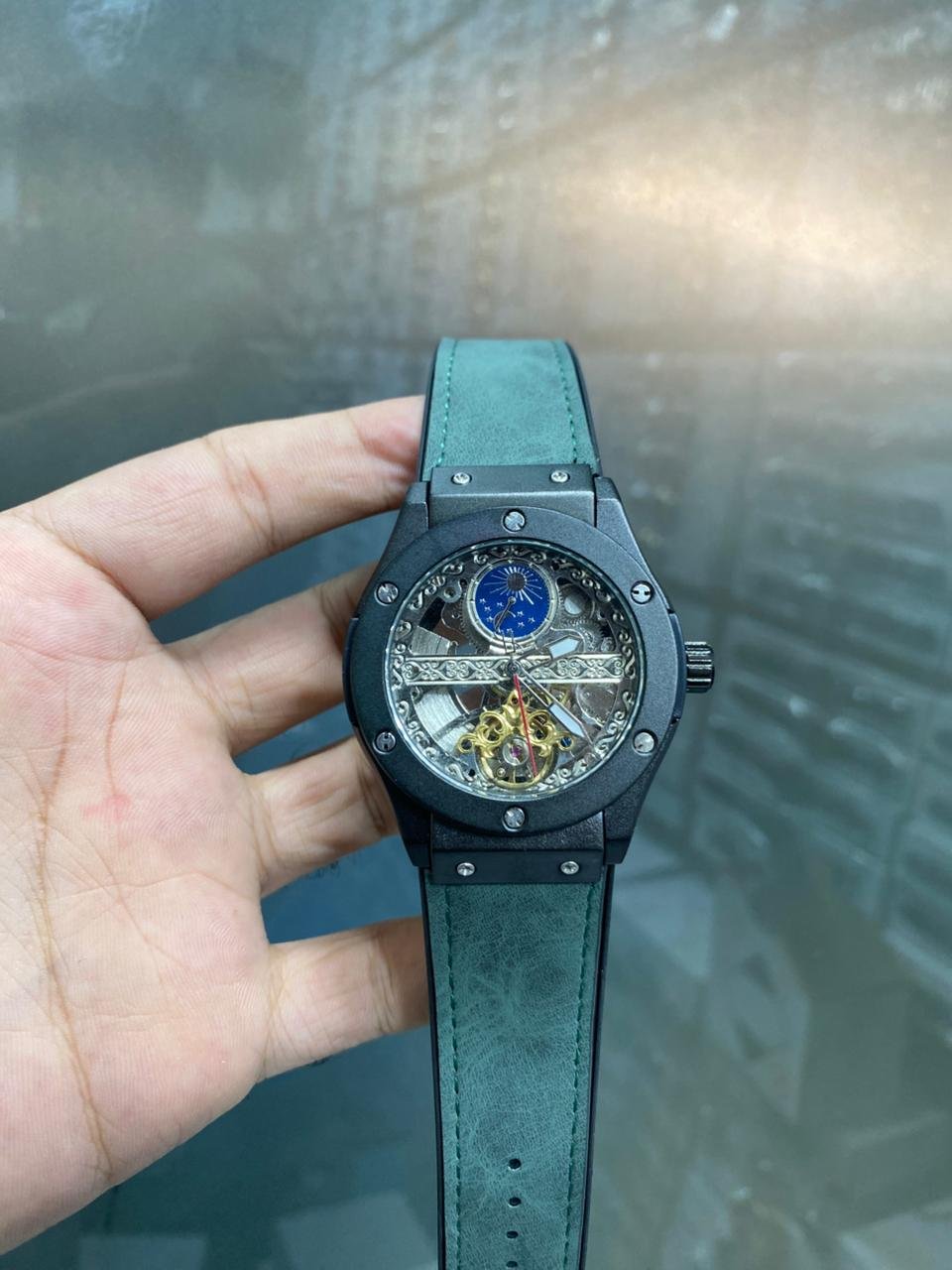 Automatic Skeleton Tourbillon Style Watch – Black Case & Green Suede Strap Hover Image