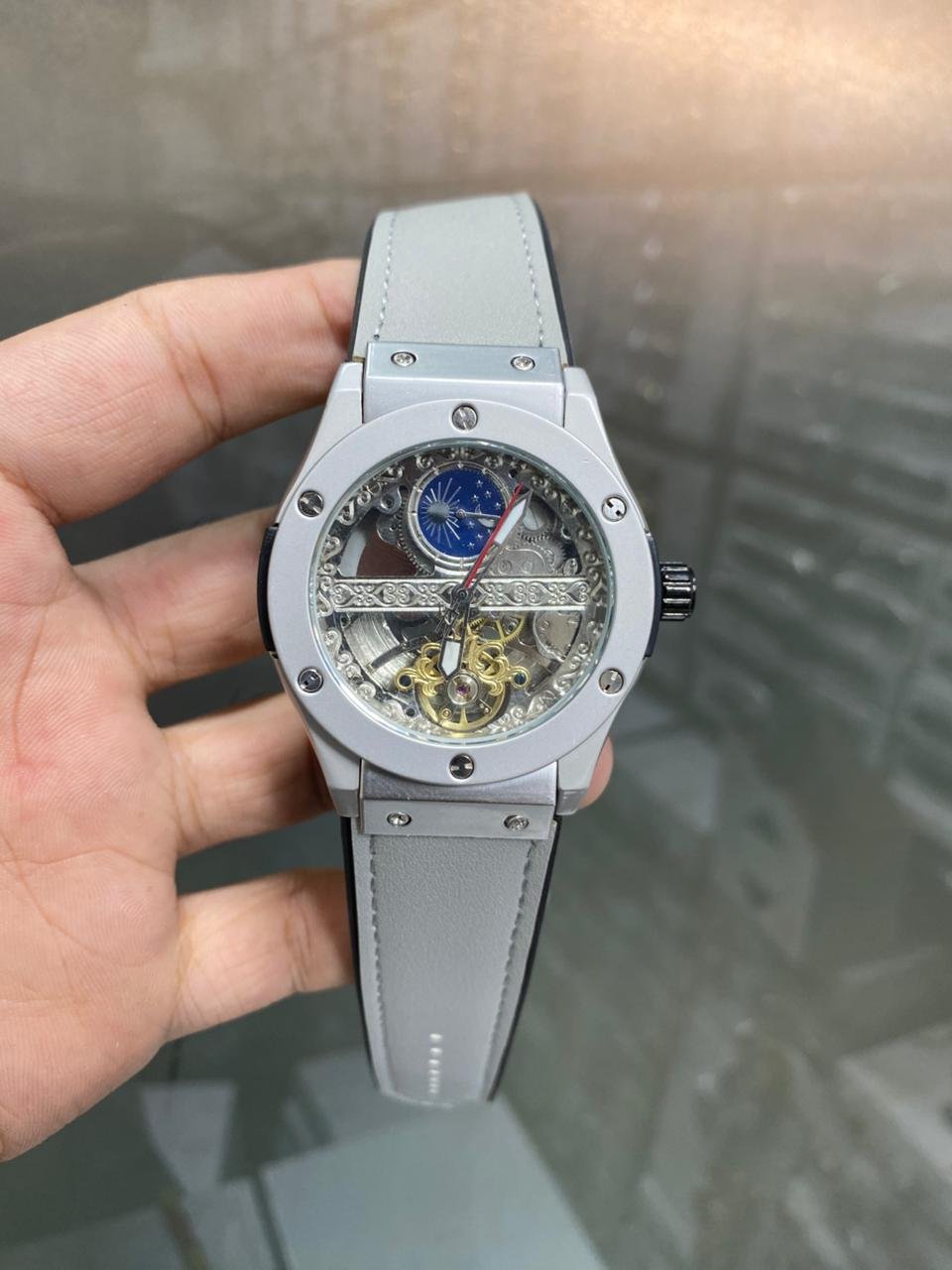 Automatic Skeleton Tourbillon Style Watch – Silver Case & White Leather Strap Hover Image