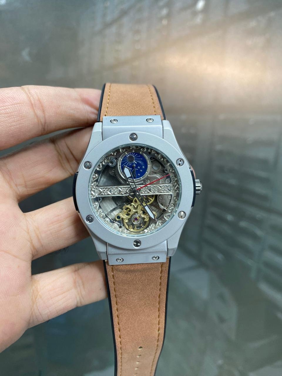 Automatic Skeleton Tourbillon Style Watch – Silver Case & Tan Suede Strap Hover Image