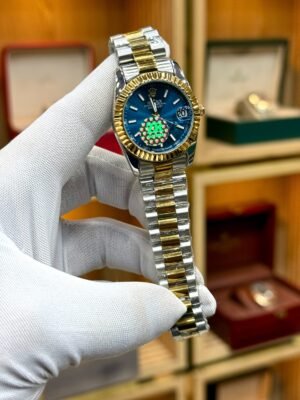 Two-Tone Ladies Watch – Blue Floral Crystal Dial & Gold Fluted Bezel Hover Image