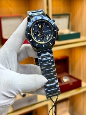EXTRI Blue Sport Chronograph – Black Dial, Yellow Accents & Steel Bracelet Hover Image