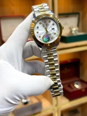 Two-Tone Classic Watch – Silver Dial, Crystal Markers & Floral Motif Hover Image