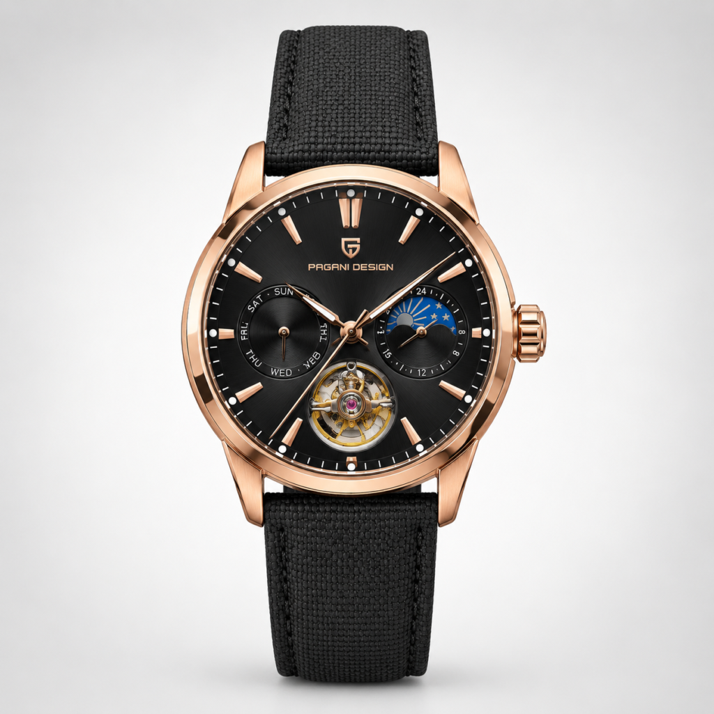 Pagani Design PD-YS021 automatic watch with rose gold case, black skeleton dial, moon phase display.