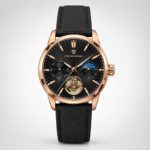 Pagani Design PD-YS021 automatic watch with rose gold case, black skeleton dial, moon phase display.