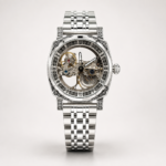 ROVITE automatic skeleton watch with carved silver case, Roman numerals, and steel bracelet.