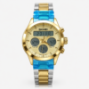 SKMEI digital prayer watch with gold dial, Azan time display, and two-tone silver and gold stainless steel bracelet.